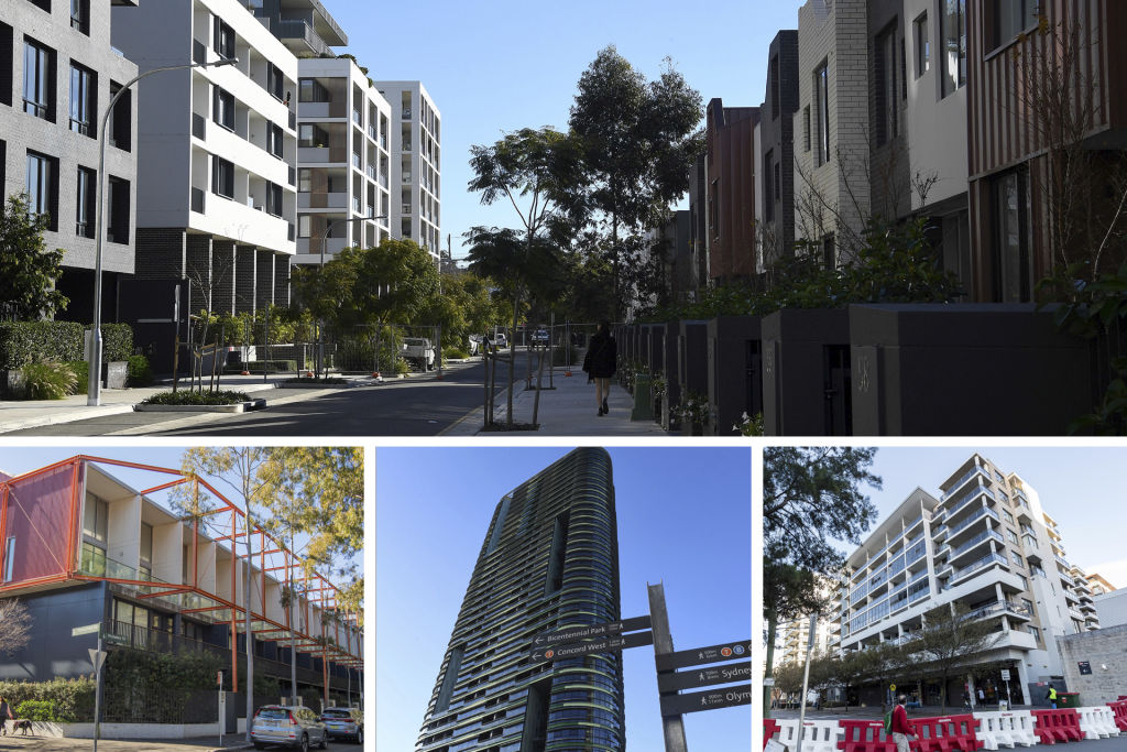 Top: Erskineville apartment development. Bottom left to right: Zetland, Homebush Opal Tower and Mascot towers. Photo: Kate Geraghty, Nick Moir, Brook Mitchell