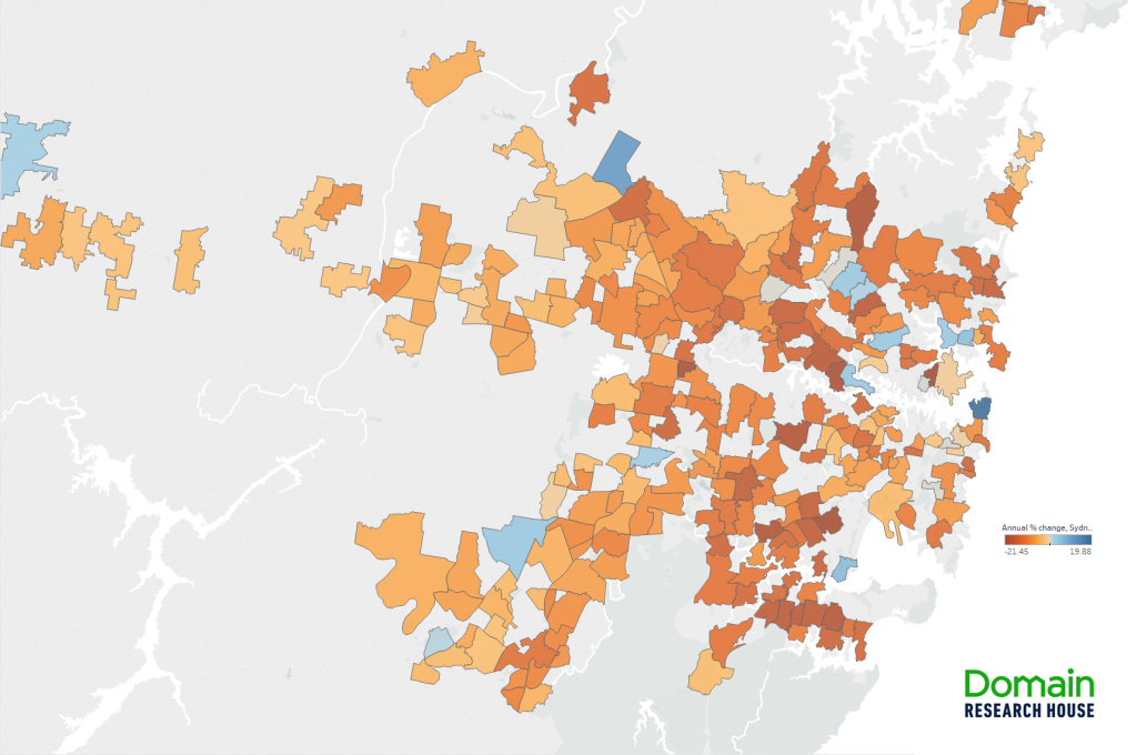 Sydney heat map of suburb level price movement, June quarter 2019