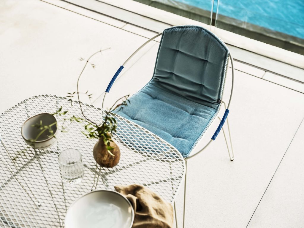 Tait Volley chair in Mokum South Beach 'Sky' outdoor velvet by Adam Goodrum. Photo: Robert Walsh