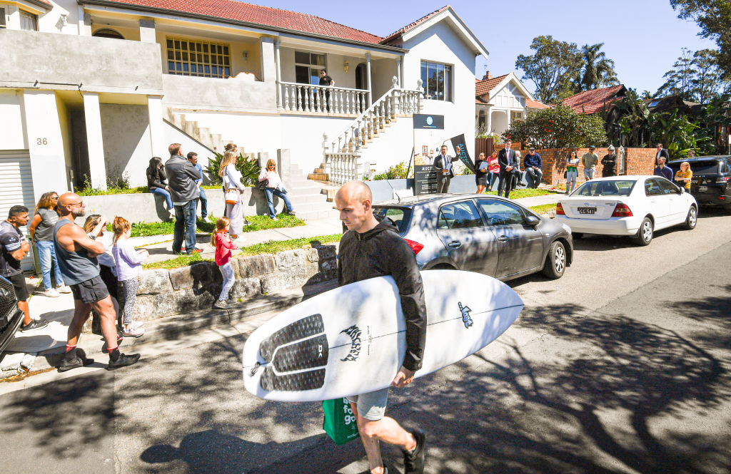 About 50 people turned out for the auction of the Bondi Beach semi.  Photo: Peter Rae