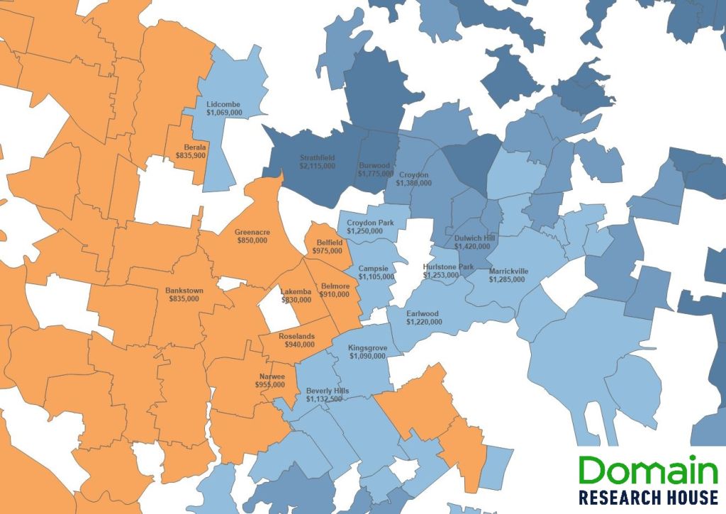 Heat map is based on median price of houses at June 2019, where at least 30 sale prices were observed over a 12 month period.