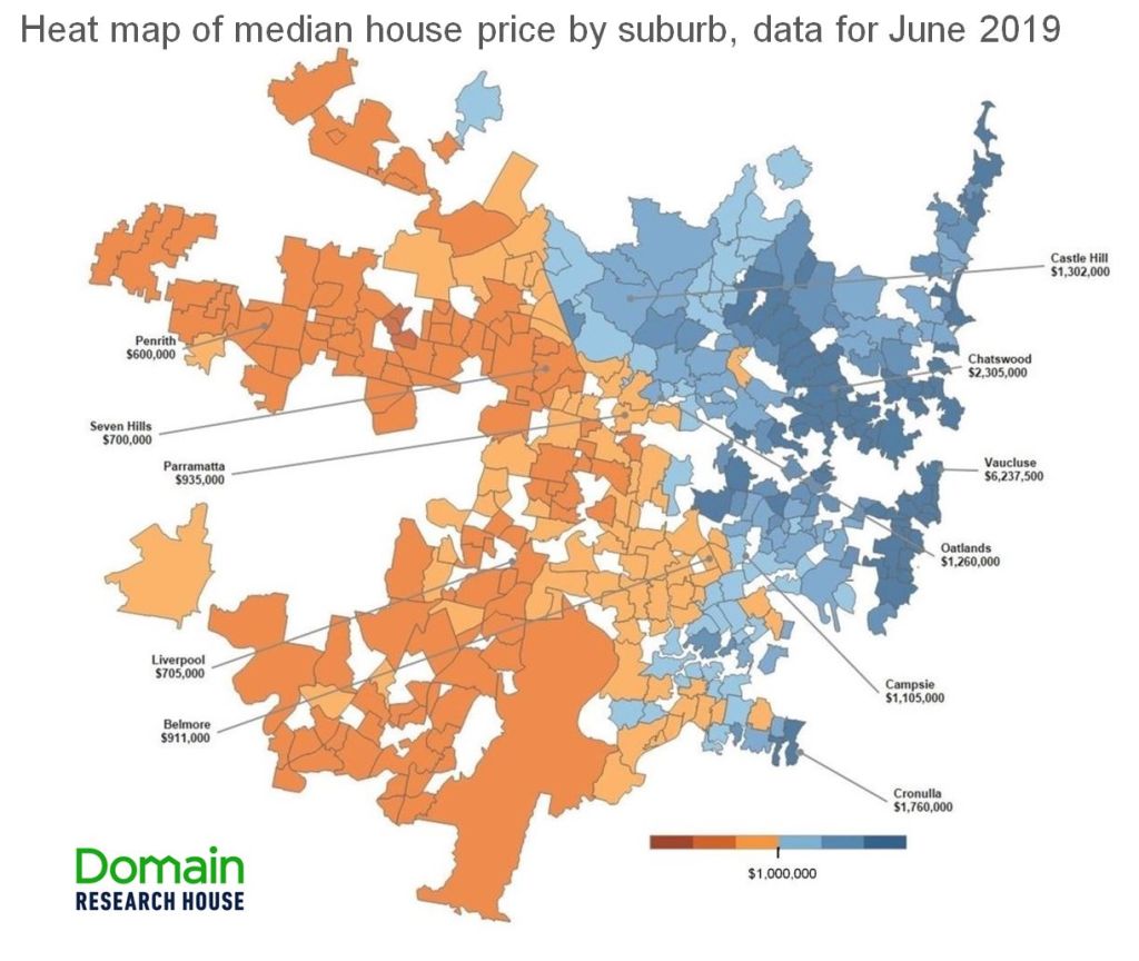 Heat map is based on median price of houses at June 2019, where at least 30 sale prices were observed over a 12-month period.