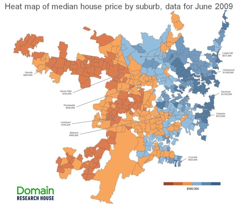 Heat map is based on median price of houses at June 2009, where at least 30 sale prices were observed over a 12-month period.
