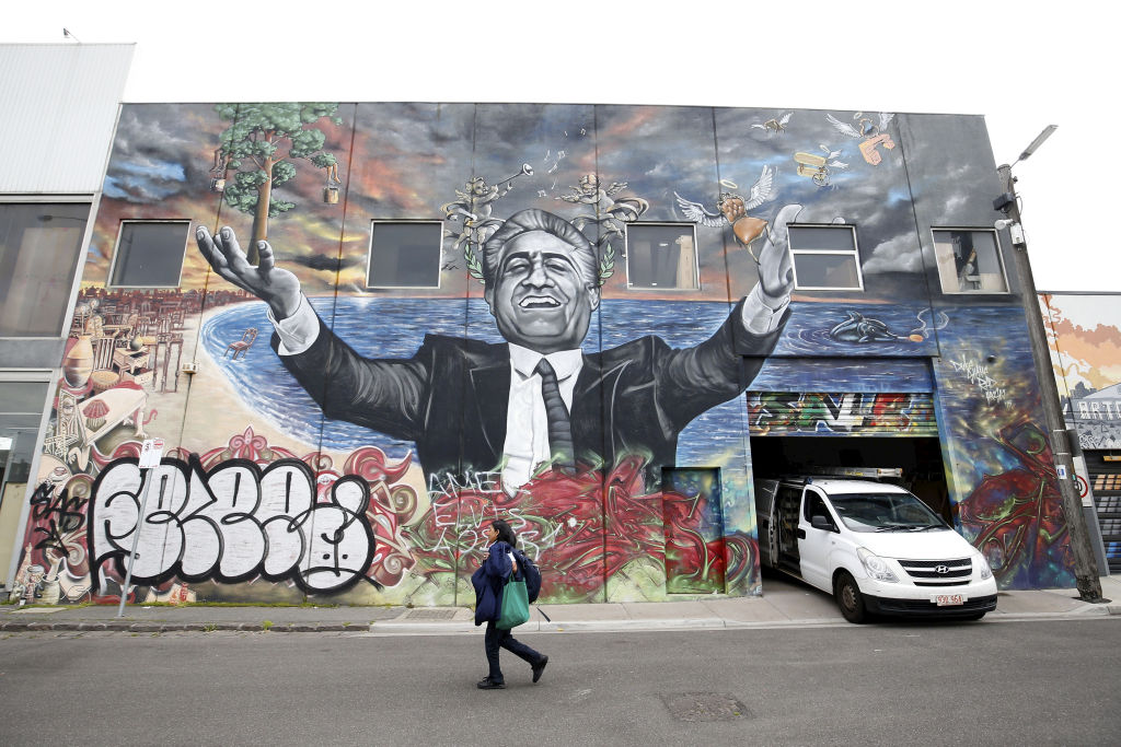 The Franco Cozzo mural greets those coming over the bridge into Footscray. Photo: Darrian Traynor