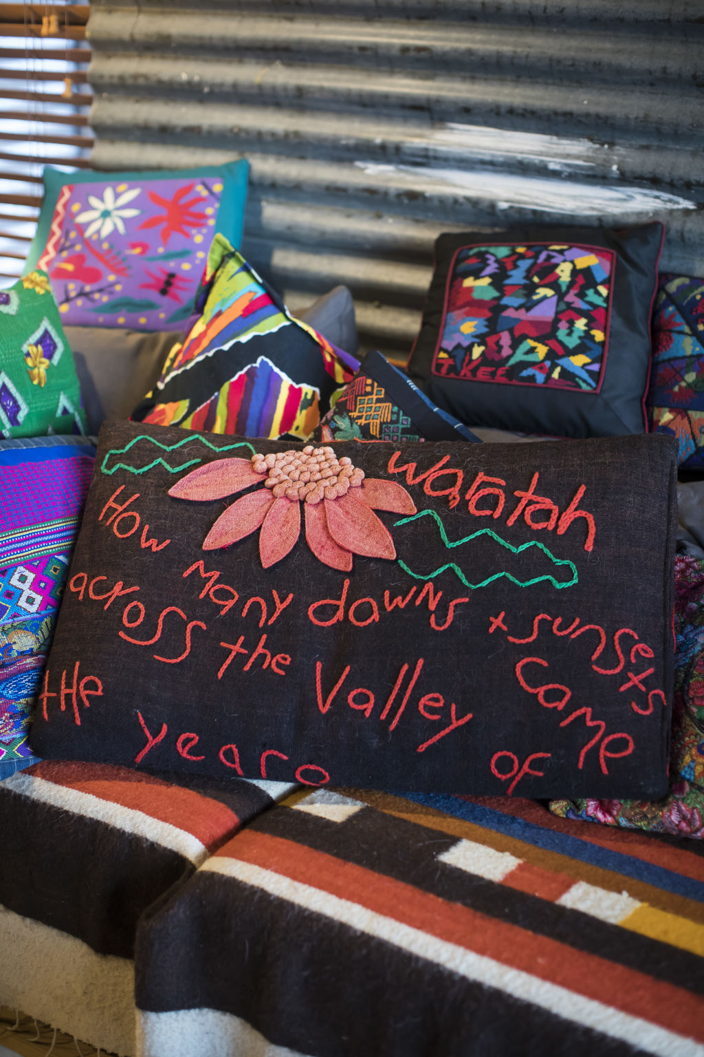 A cushion made by Kee's friend Linda Jackson. Photo: Anna Kucera