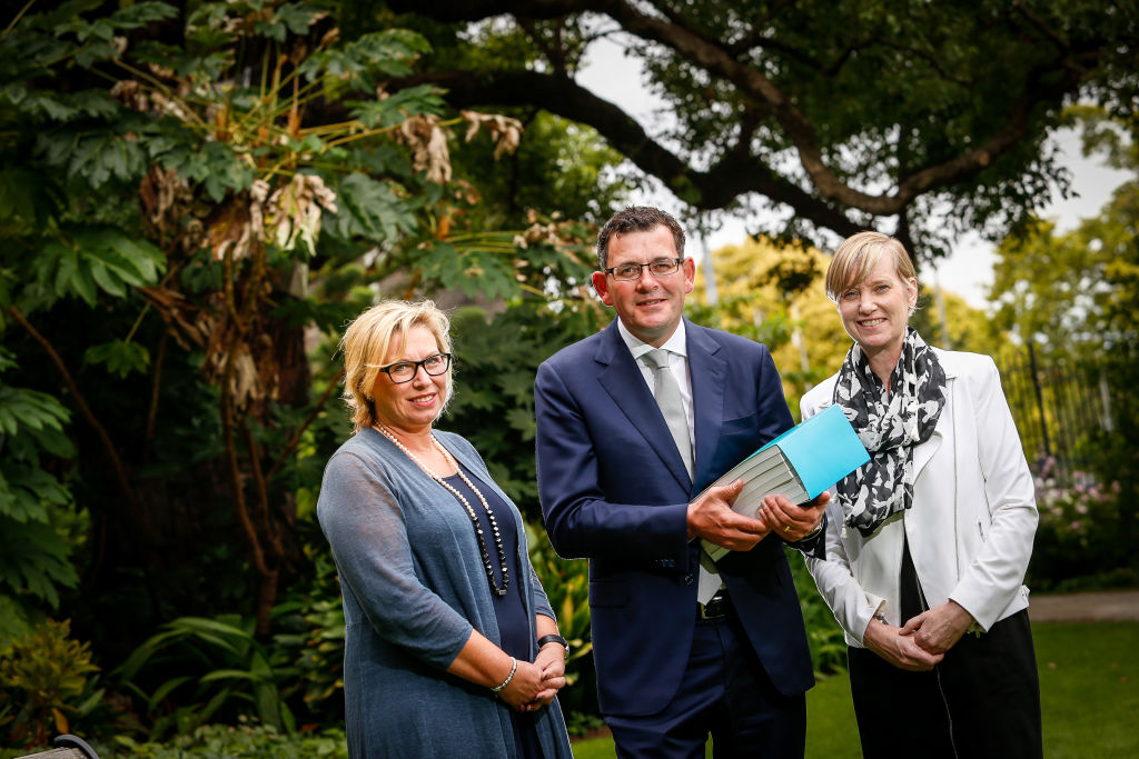 The release of the report by the Royal Commission into Family Violence in 2016. (L-R) Rosie Batty, Premier Daniel Andrews and Fiona Richardson, the Minister for the Prevention of Family Violence at the time. Photo: Eddie Jim