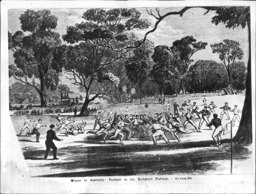 An early game of Aussie Rules on the Richmond Paddock in 1968. Now known as Yarra Park in East Melbourne, the suburb is truly a vintage sporting area. Photo: Fairfax Media