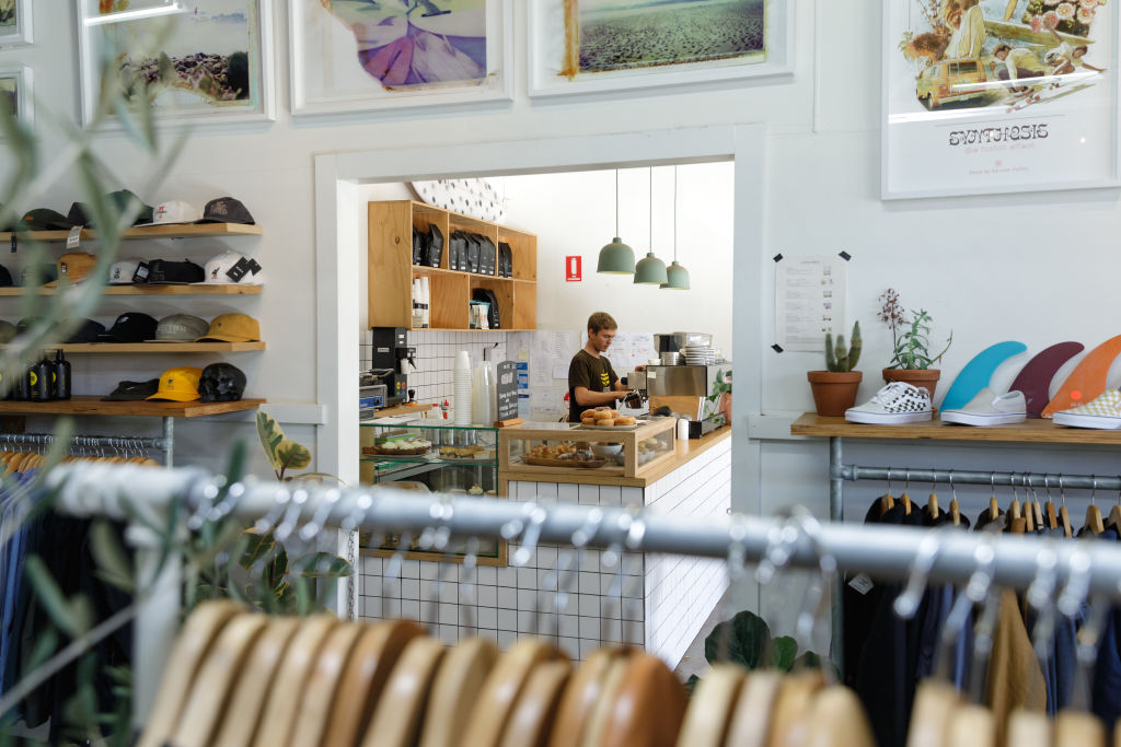 Finbox Boardstore and cafe in Thirroul, a suburb made popular by its shopping village and convenient trains. Photo: Steven Woodburn