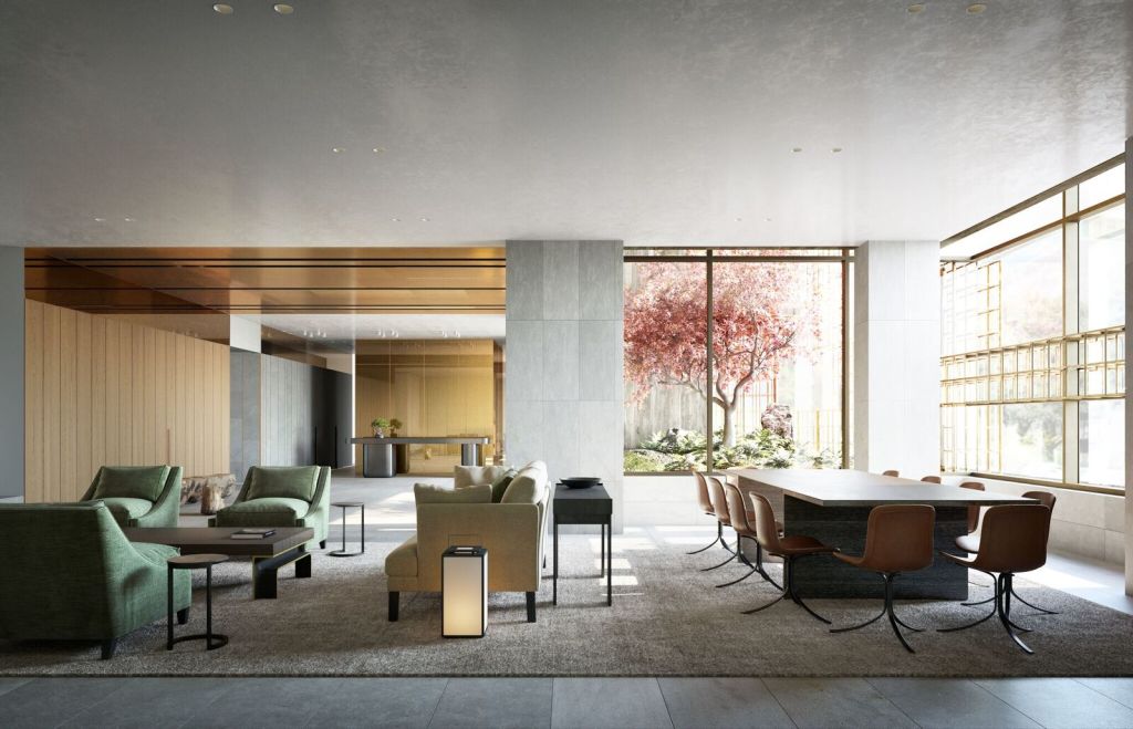 Artist's impression of the lobby with a Japanese-inspired garden at Domain House. Photo: CBRE