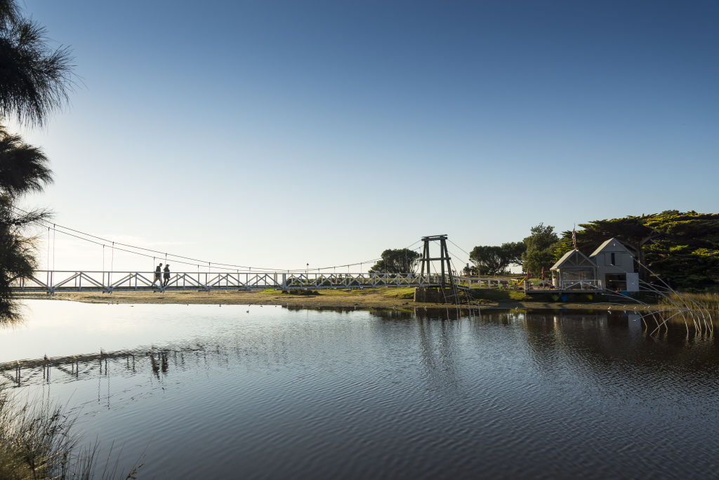 Rob Lowther describes Lorne as both sleepy and vibrant. Image: a footbridge with Lorne Swing Bridge in background. Photo: Robert Blackburn/Visit Victoria
