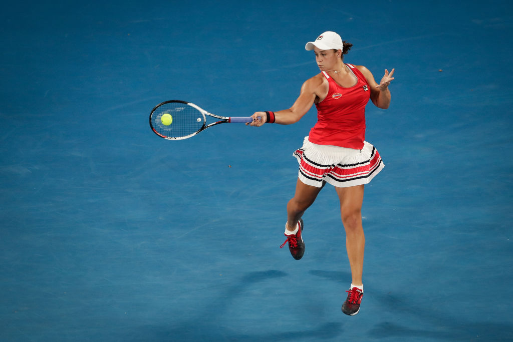 Ash Barty vs Camila Giorgi at Rod Laver Arena during the Australian Open 2018 tennis tournament in Melbourne. Photo: Alex Ellinghausen