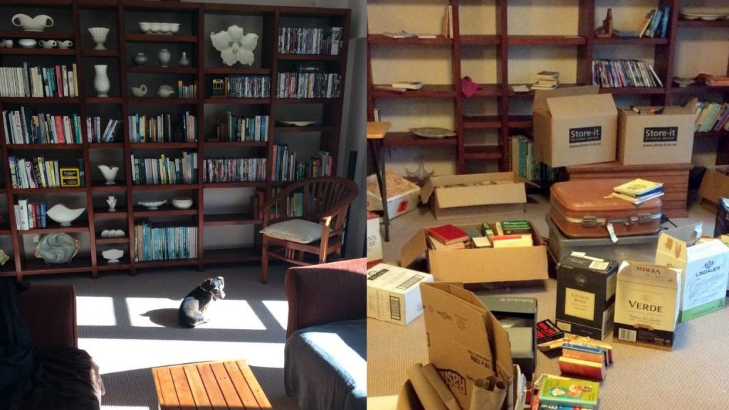 The book cull, at the early stage (left) and mid-stage. Some boxes are for donations, some for sale, some for charity and a few for keeping. Photo: Nick Barnett