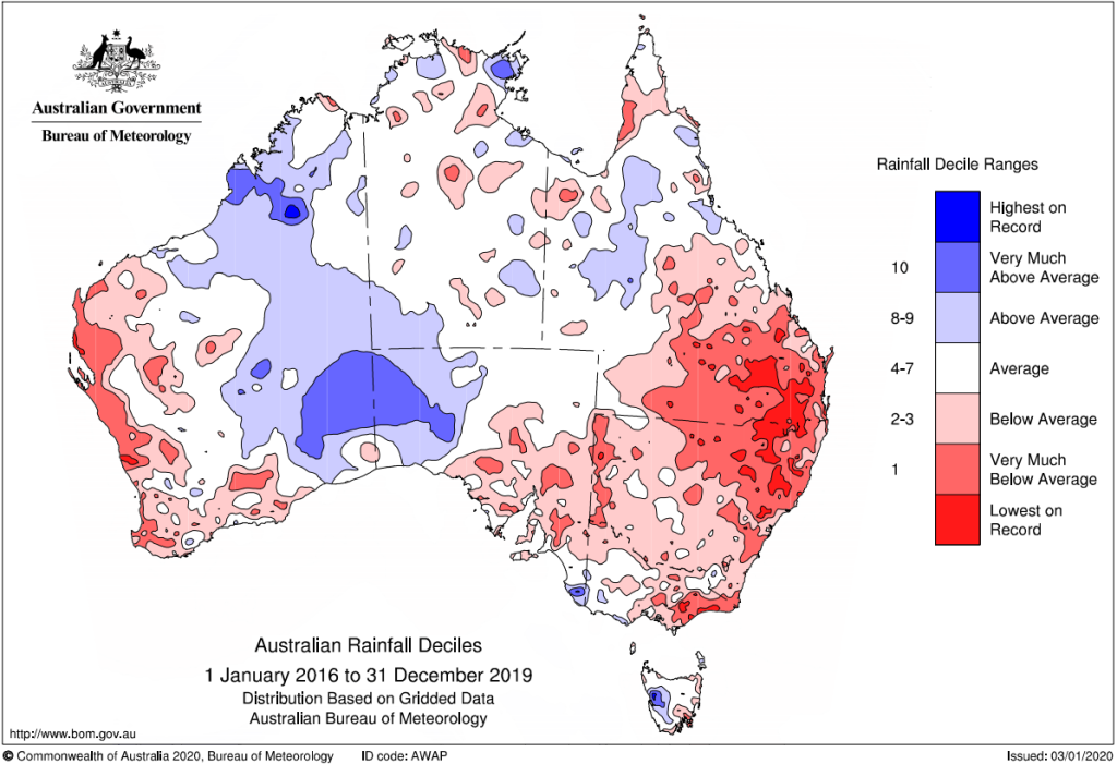 A 48-month rainfall decile map, via BOM. Photo: BOM