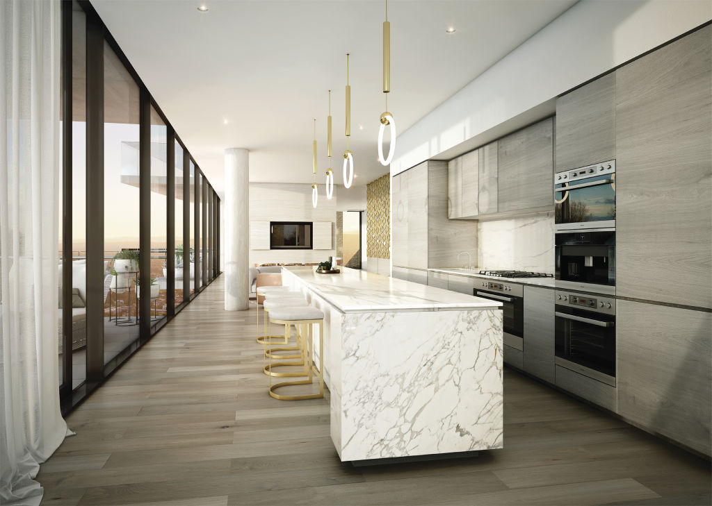 The penthouse kitchen with accents of gold. The interiors were inspired by an assay office, which used to measure the purity of gold. Photo: Artist's impression