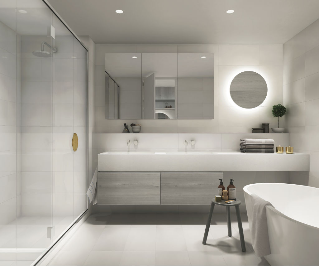 The penthouse bathroom with circular motifs aplenty - a nod to the site's assay office heritage. Photo: Artist's impression