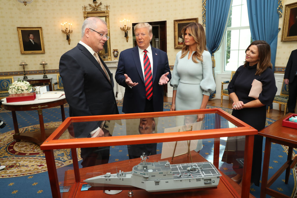 First Lady Melania Trump in Scanlan Theodore stands with Australian Prime Minister Scott Morrison and his wife Jenny at the White House with President Donald Trump. Photo: Adam Taylor