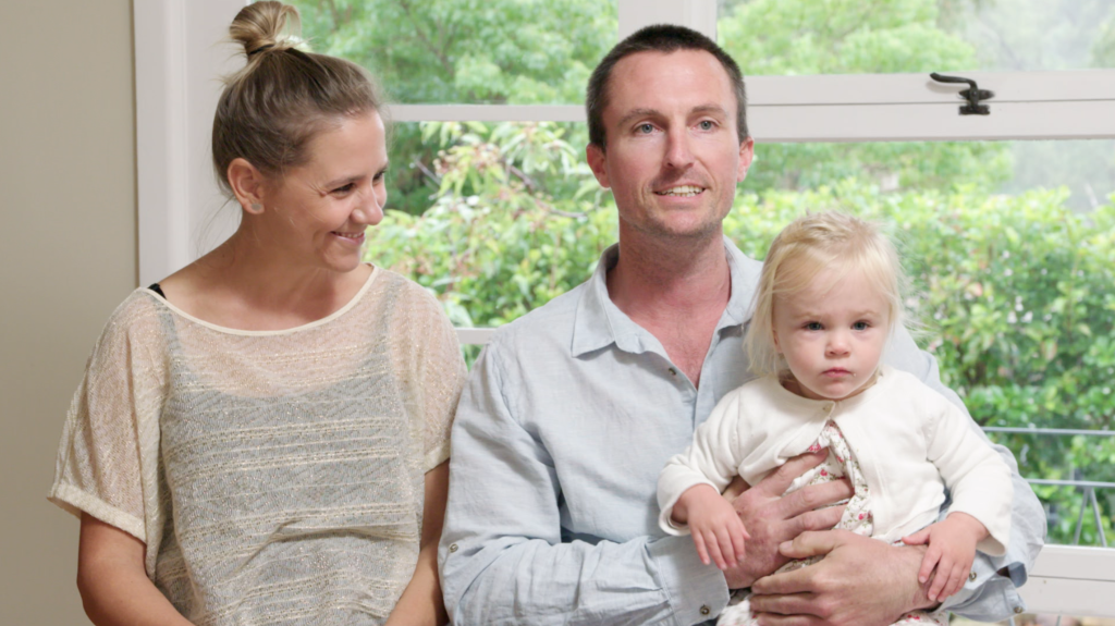 Family of three Chloe, John and Harriett ahead of the auction of their Mount Colah home. Photo: Your Domain