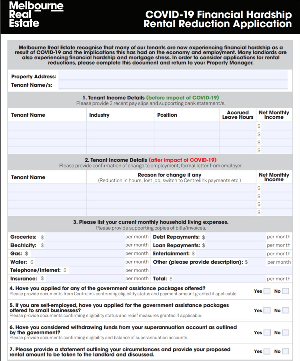 Melbourne Real Estate's hardship application form, which has been described as intrusive.  Photo: Melbourne Real Estate