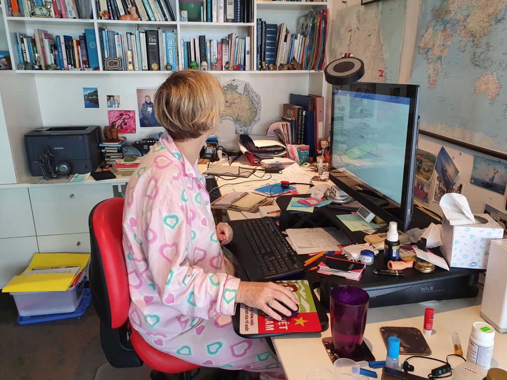 Journalist Sue Williams in her pyjama-inspired work-from-home attire. Photo: Supplied