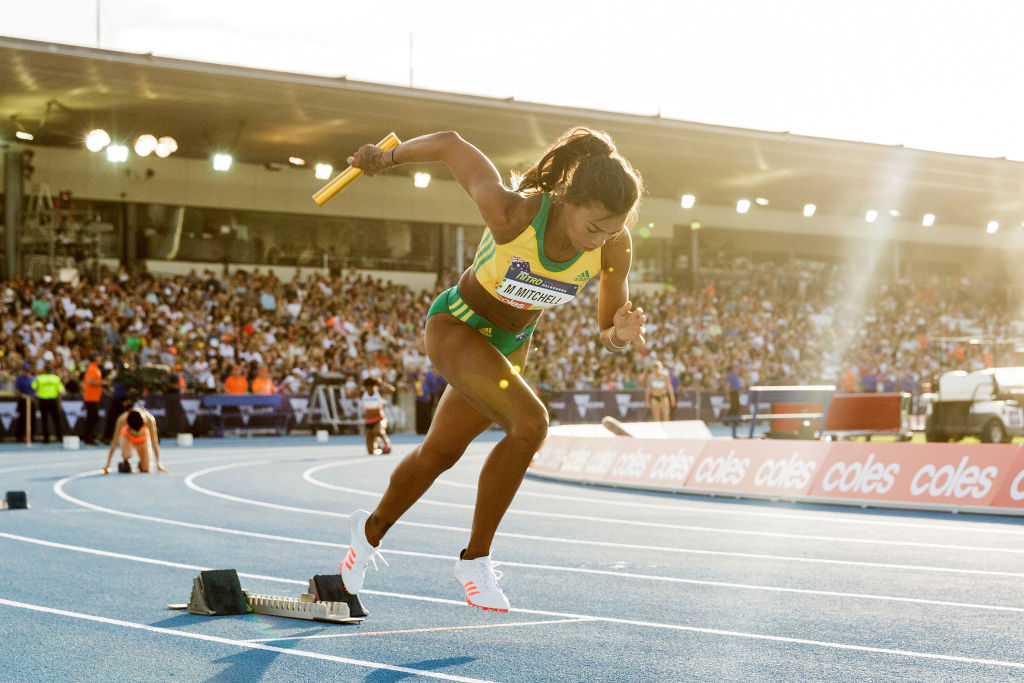 Rio Olympian Morgan Mitchell flies during the Nitro Athletics carnival in Melbourne in 2017. Photo: Daniel Pockett