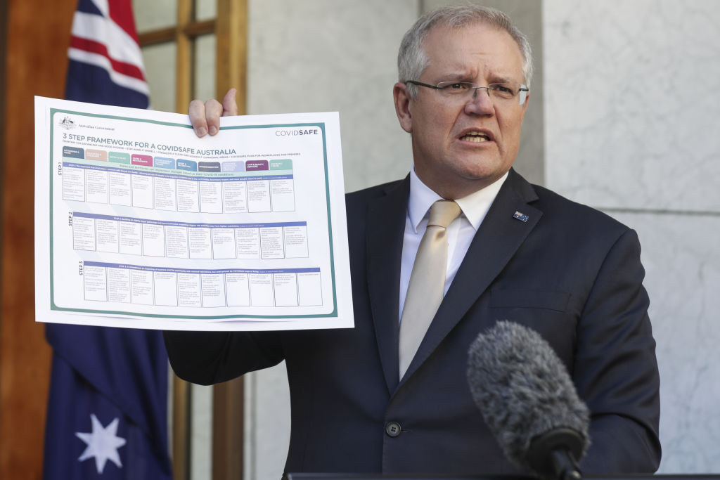 Prime Minister Scott Morrison with one of the framework charts. Photo: Alex Ellinghausen