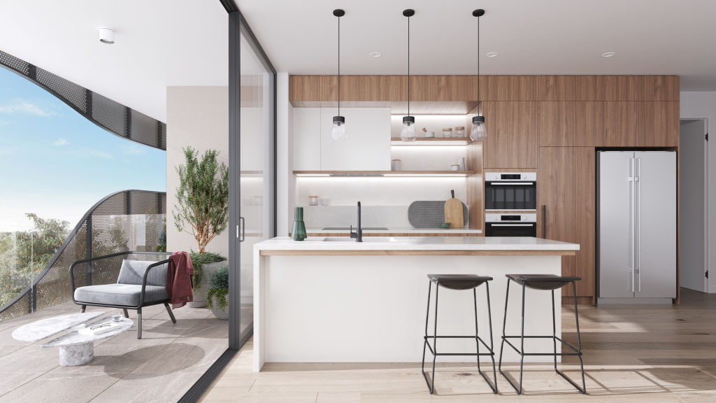 A render of the kitchens at The Chaussy, Lutwyche. Photo: CBRE Brisbane