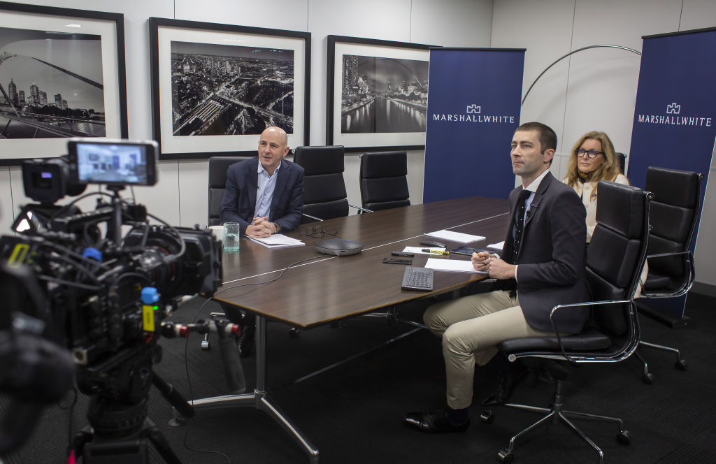 Marshall White's John Bongiorno, James McCormack and Fiona Counsel in front of the virtual crowd. Photo: Stephen McKenzie