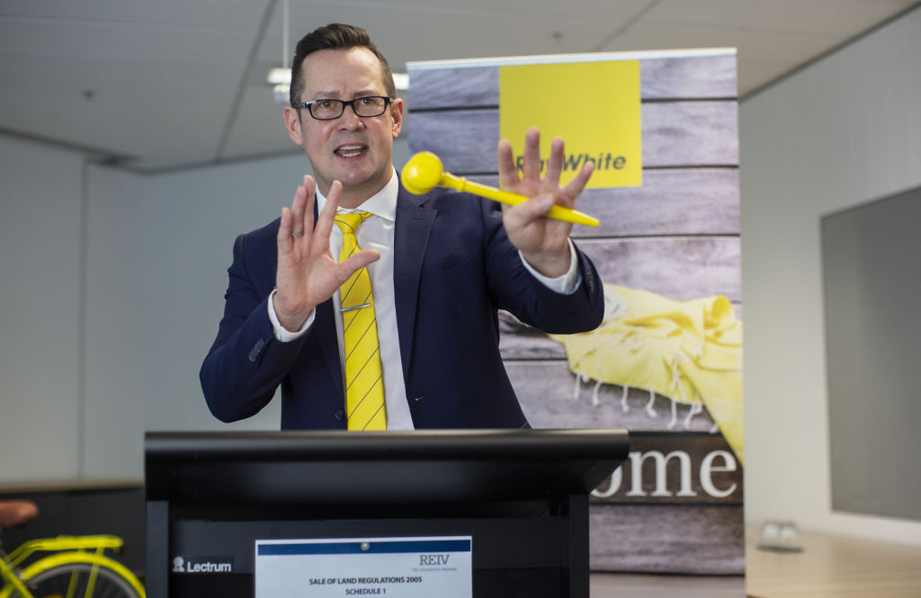 Photo of Ray White auctioneer Jeremy Tyrrell taken by Stephen McKenzie on August 1, 2020 at Ray Whiteâs head office in Southbank.