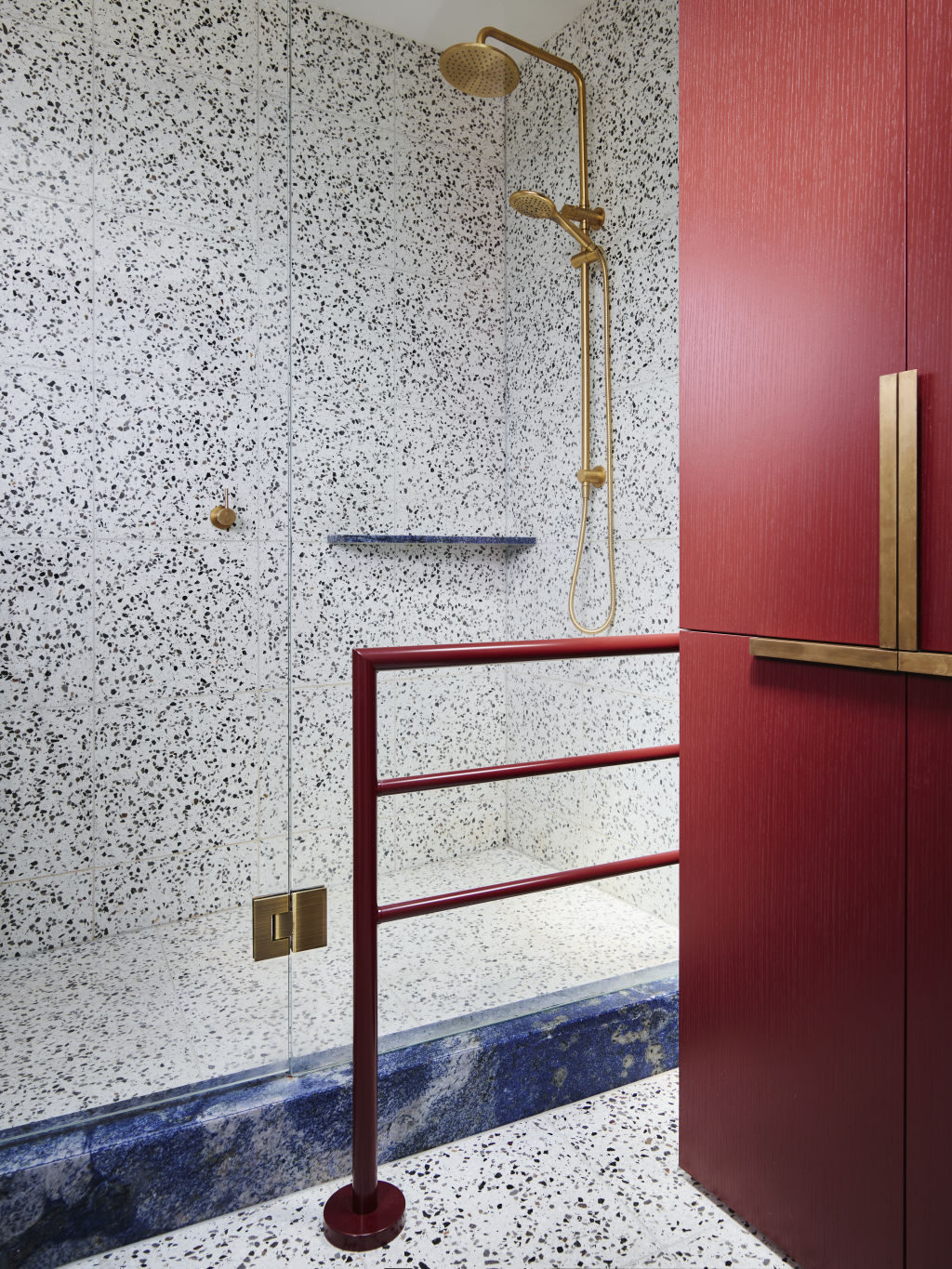 This Caulfield North bathroom by Flack Studio features  floor-to-ceiling terrazzo. Photo: Anson Smart