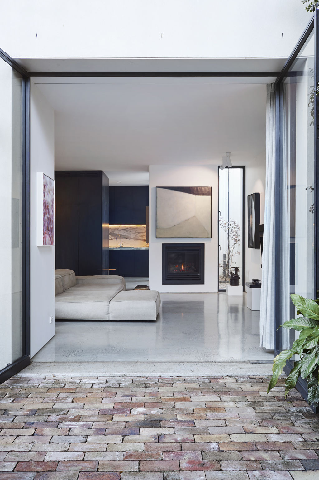 Oversized glass pivot doors look out onto a courtyard. Photo: Toby Burrows