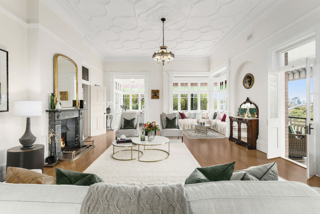 Ardagh’s main living room has ornate 3.6-metre ceilings and one of the property’s six fireplaces.