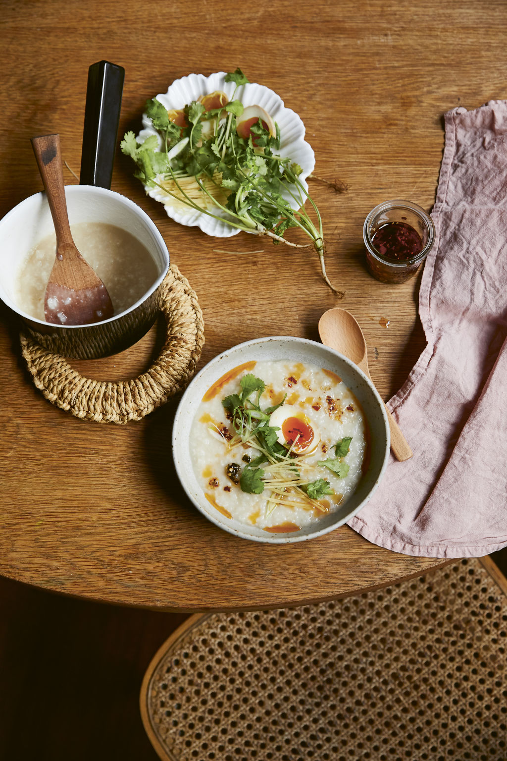 Spring congee from 'A Year of Simple Family Food' by Julia Busuttil Nishimura (Plum/Pan Macmillan). Photo: Armelle Habib