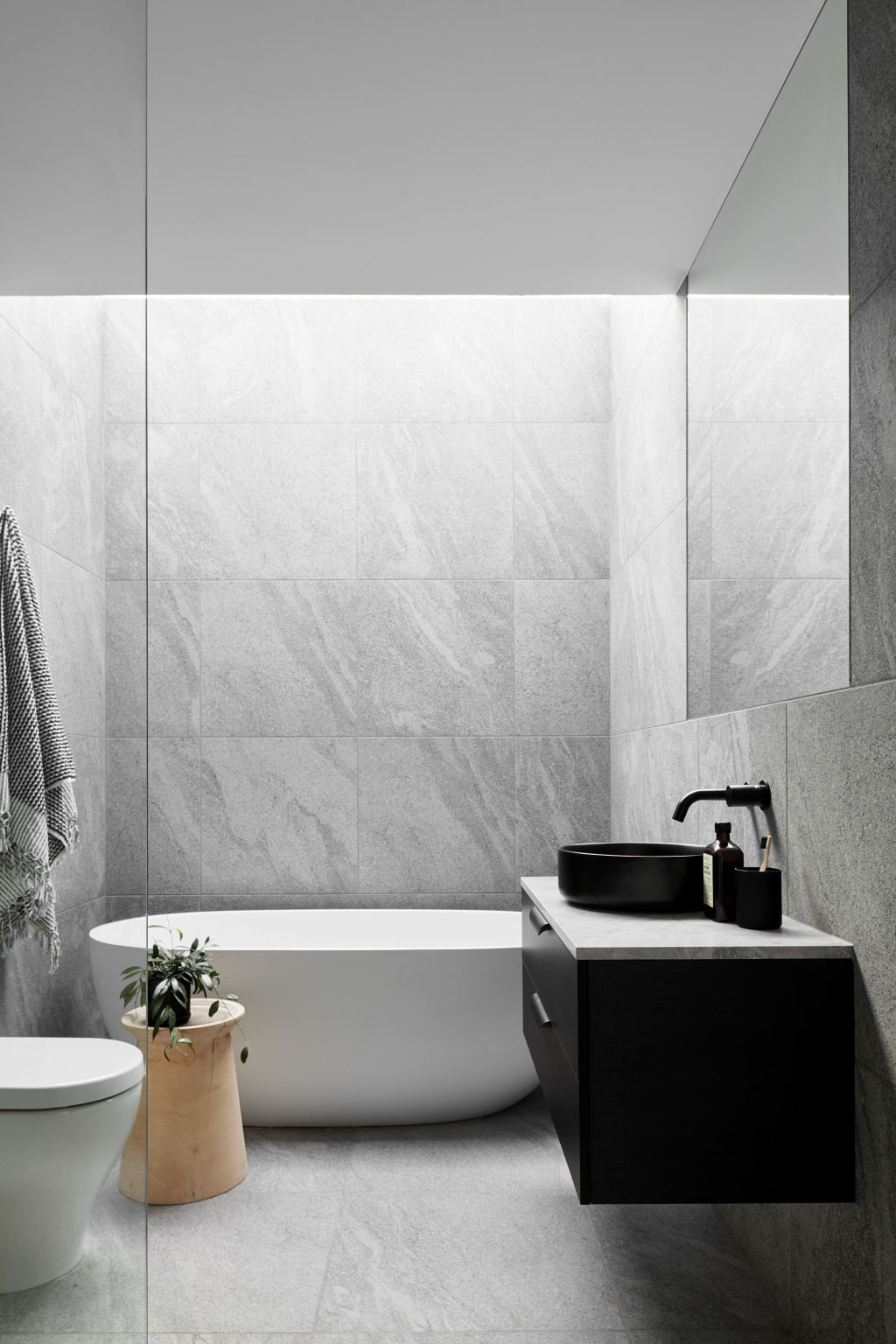 There's plenty of natural light in the bathroom thanks to the skylight. Photo: Simon Shiff