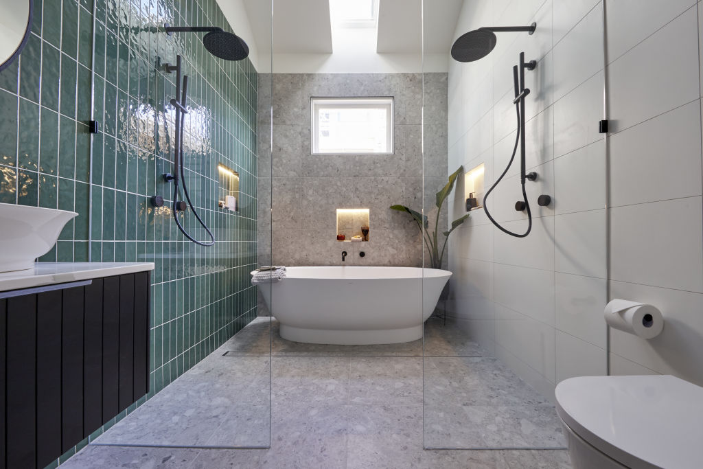 A full bathroom renovation starts at about $20,000. Pictured: Tash and Harry's master en suite from The Block 2020. Photo: Nine.