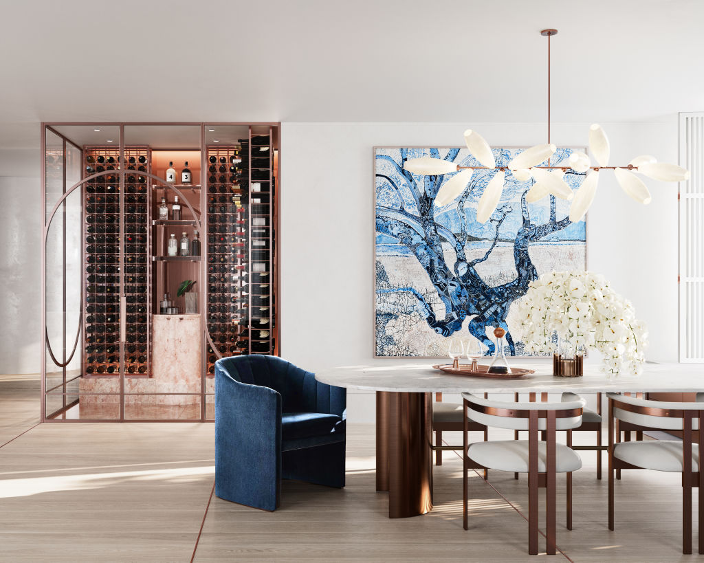 Copper-framed wine cellars feature in the penthouse and two sub-penthouses. Photo: Supplied