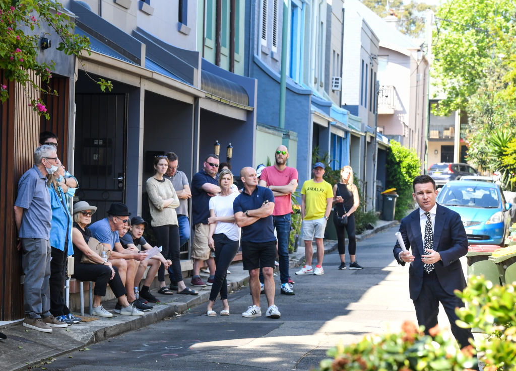 BresicWhitney auctioneer Thomas McGlynn during the Surry Hills auction. Photo: Peter Rae