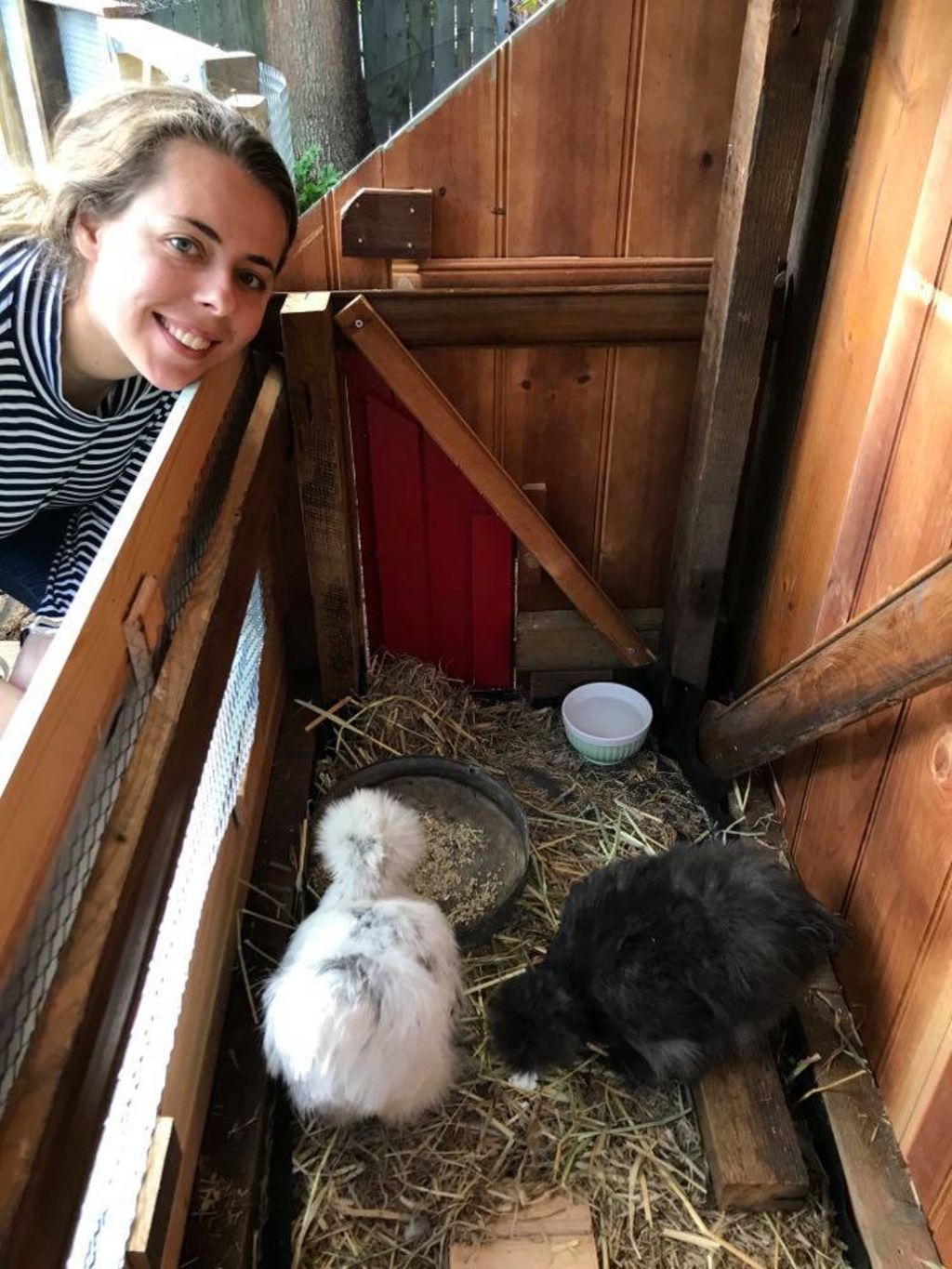 Love at first sight: Maquel Brandimarti with chooks Bootsie and Queenie. Photo: Supplied