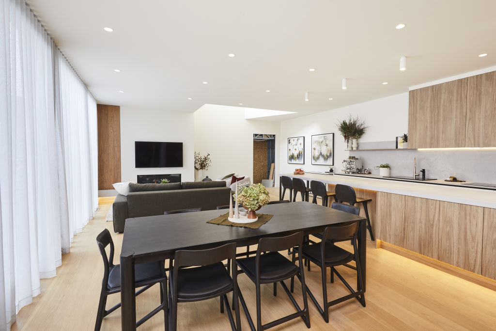 Harry and Tash's living, dining and kitchen. Photo: Nine