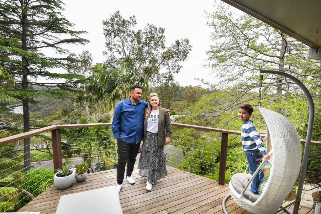 Kylie Soltani, with husband Mansour and son Soren, enjoy natural views at their East Lindfield home. Photo: Peter Rae