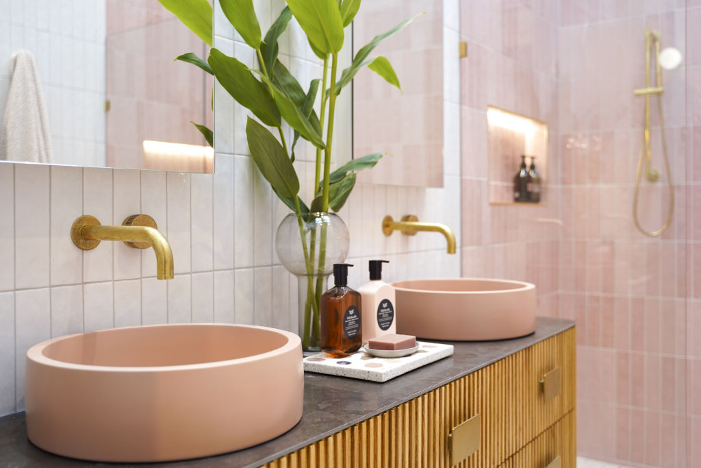 Pink can be incredibly sophisticated when used correctly. Jimmy & Tam's bathroom on The Block 2020.