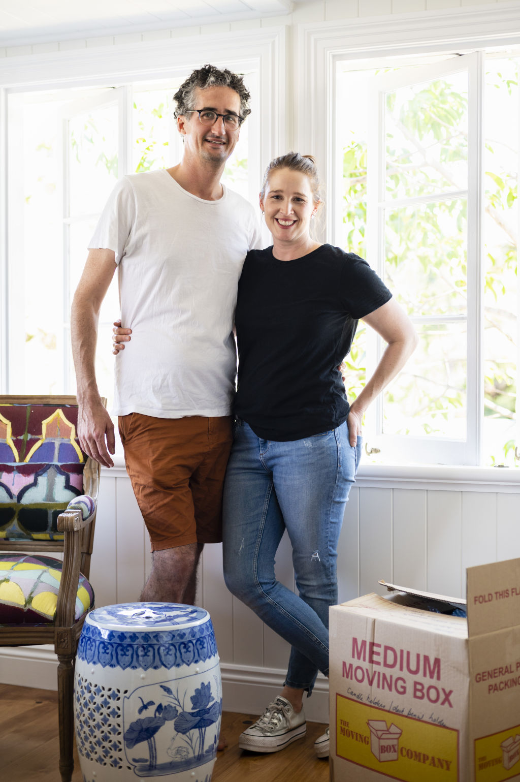 Sarah Ramsay with husband Mike at the recently purchased home in Brisbane. Photo: Marc Pricop