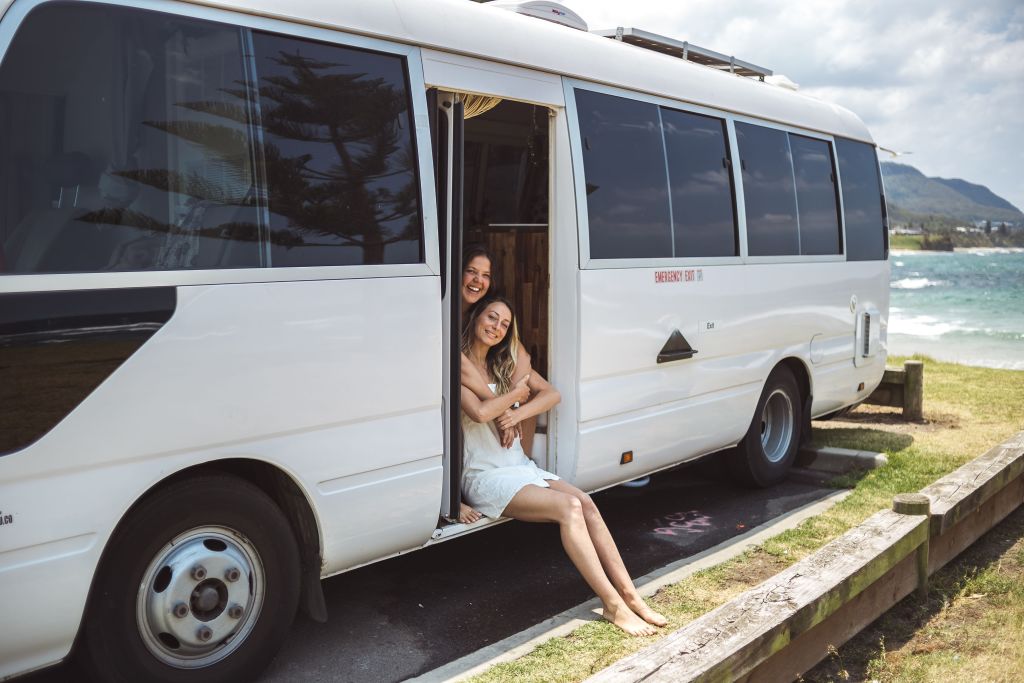 Natalie and Amanda now call a 1993 Toyota Coaster, nicknamed Brisa, home. Photo: Natalia D'Angelo