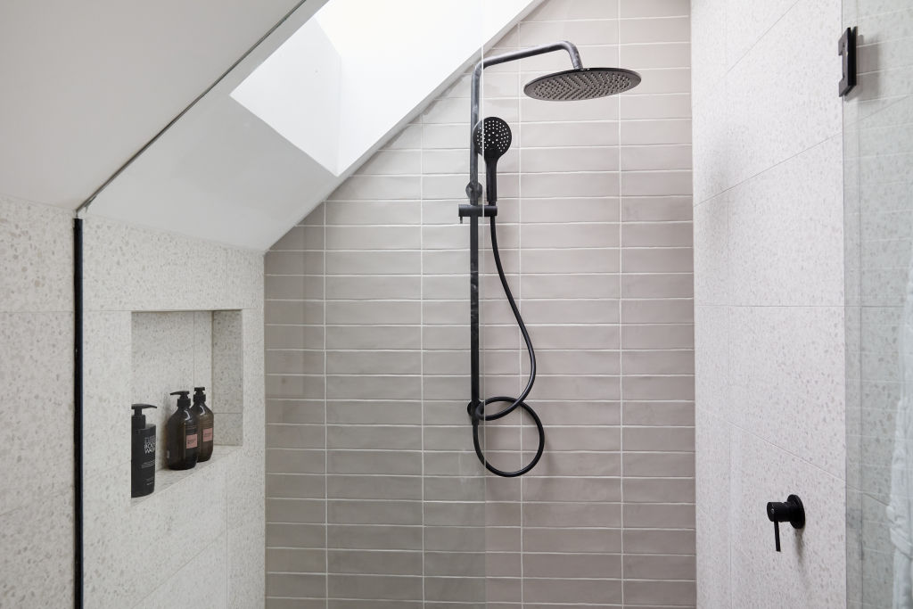 The black fittings in Daniel and Jade's bathroom are a winner. Photo: Channel Nine