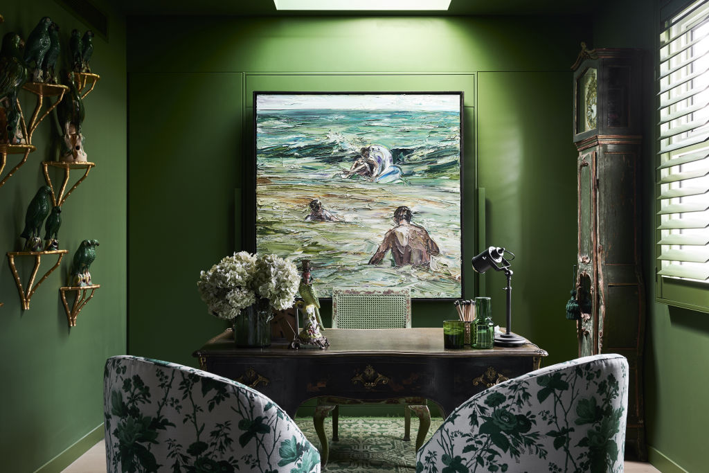 The Nicholas Harding painting inspired the colour choice of the study walls. Styling: Lucy Feagins. Photo: Eve Wilson