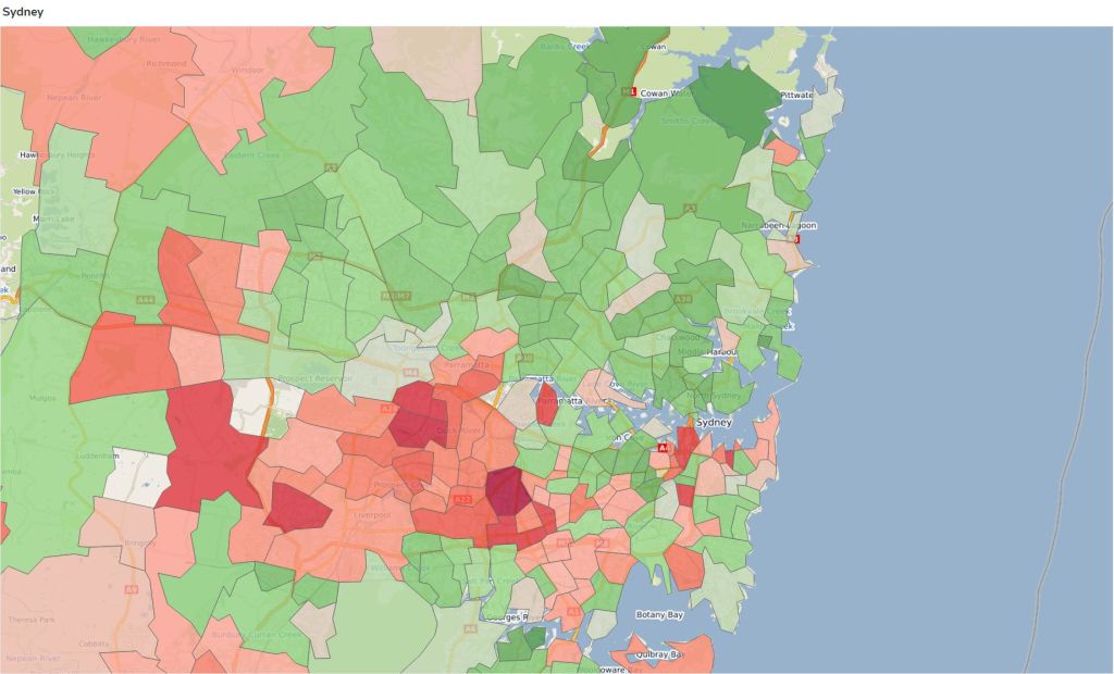 The Sydney postcodes with delinquency rates higher than the city average as of September 2020. Photo: illion