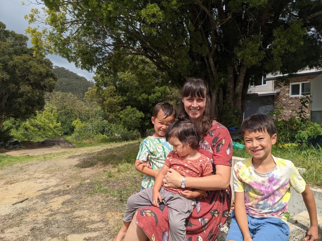Vanessa Huang and her children at home on the Central Coast. Photo: Supplied