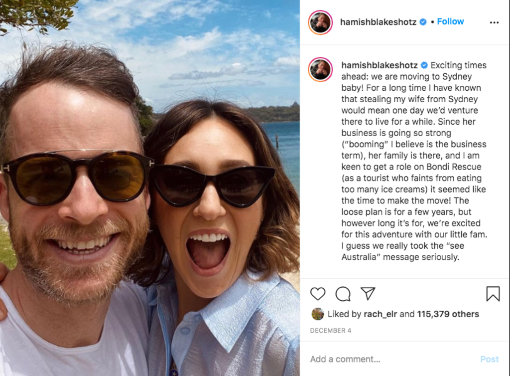 Zoe Foster Blake and Hamish Blake are moving to Sydney. Photo: Instagram