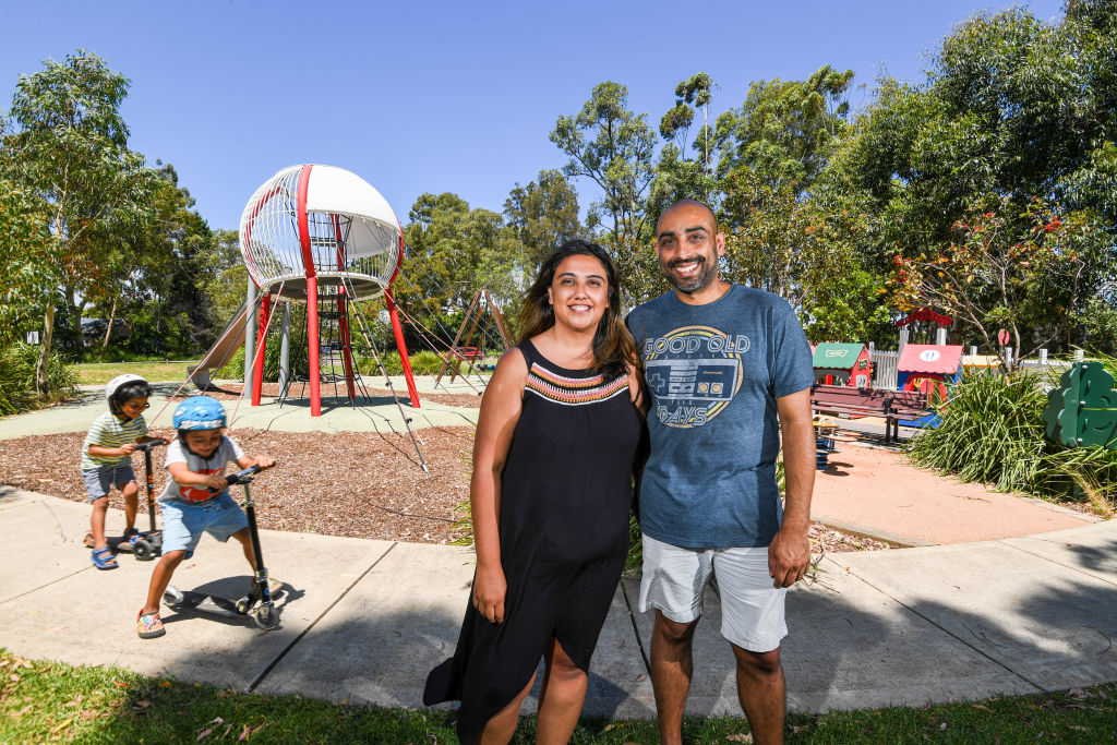 Zahra and Amyn Nathwani, pictured with sons Zayn and Kiyan at a local park, are pleased to have finally bought a family home on the upper north shore, where prices rose sharply last quarter. Photo: Peter Rae