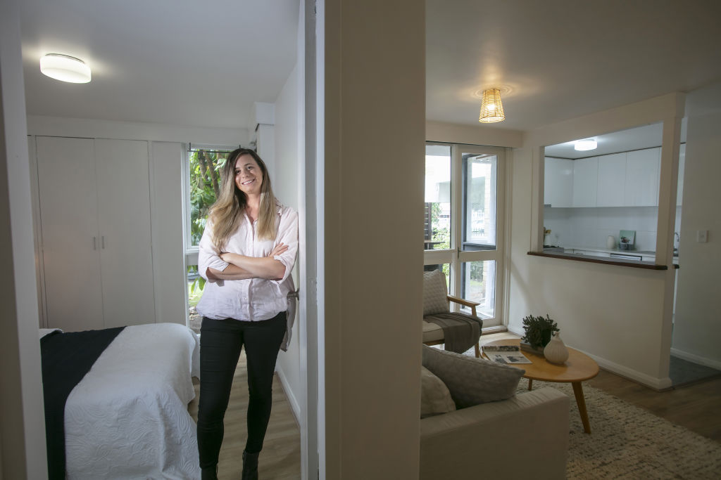 Emma Kelliher in her St Kilda West apartment, which is attracting much attention from Melbourne's first-home buyers.