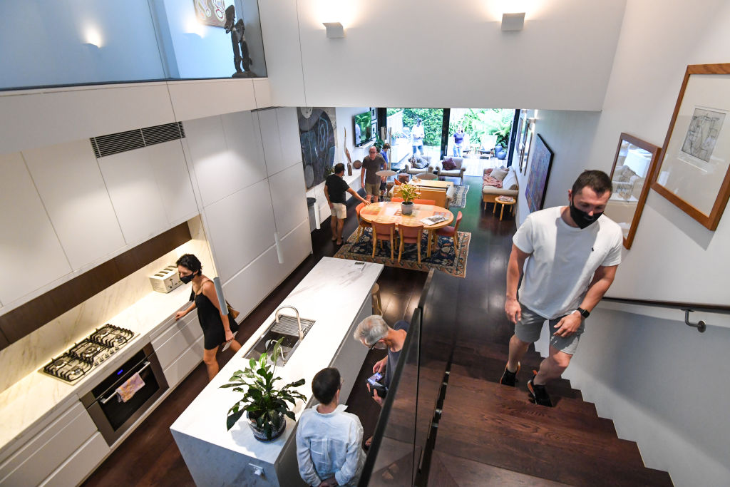 Socially-distanced crowd numbers at open home inspections at 88b Angel Street, Newtown. Photo: Peter Rae